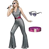 Treature 3Pcs Disco Outfit 70s 80s Disco Jumpsuit Costume with Sunglasses and Belt for Parties Halloween Cosplay