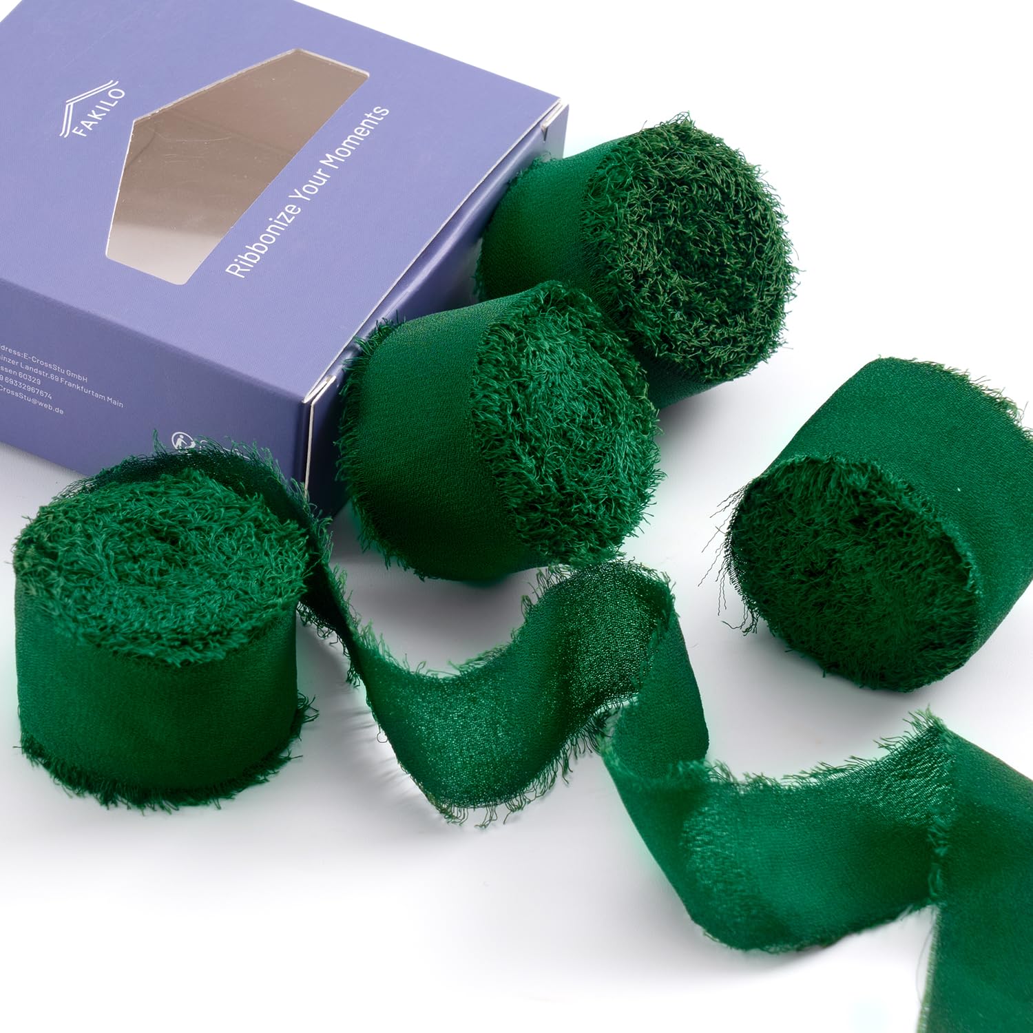 FAKILO Green Chiffon Ribbon with Frayed Edge, Silk Chiffon Ribbon 4 Rolls 1'' X 5 Yd for Wedding Invitations, Bridal Bouquets, Gifts Wrapping, DIY Crafts