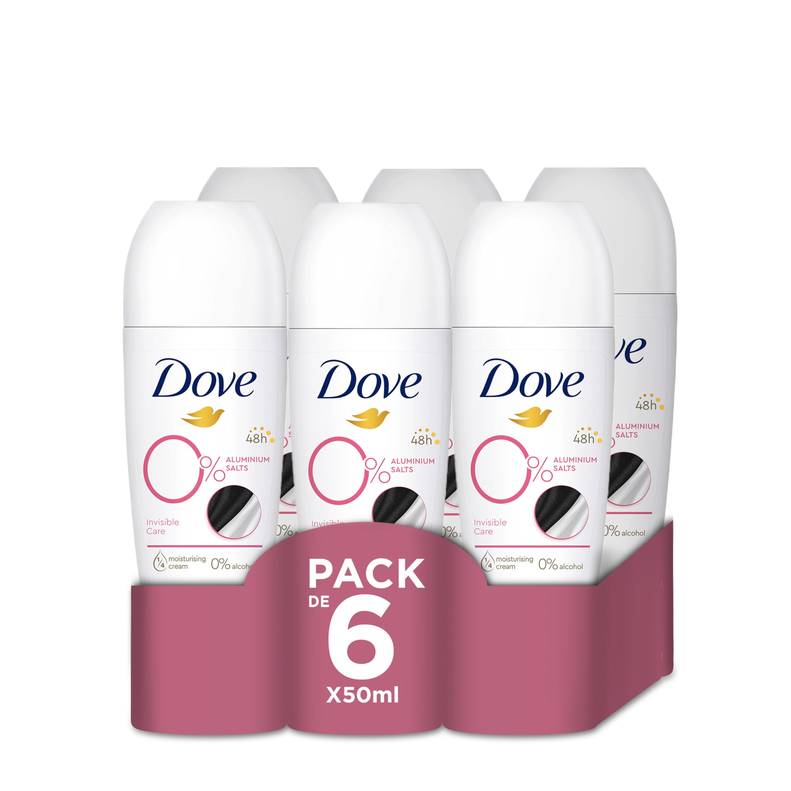 Dove 0% Roll On 48h Original Aluminium and Alcohol Free Deodorant for Women with 1/4 Moisturizing Cream, 6 x 50 ml
