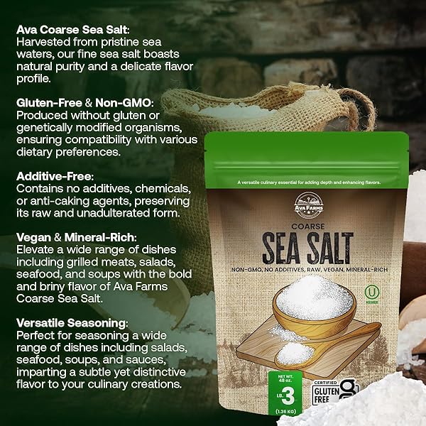 AVA FARMS SEA SALT – COARSE – 3 LB. –GLUTEN-FREE, NON-GMO, VEGAN, RAW, KOSHER, MINERAL RICH – RESEALABLE BAG