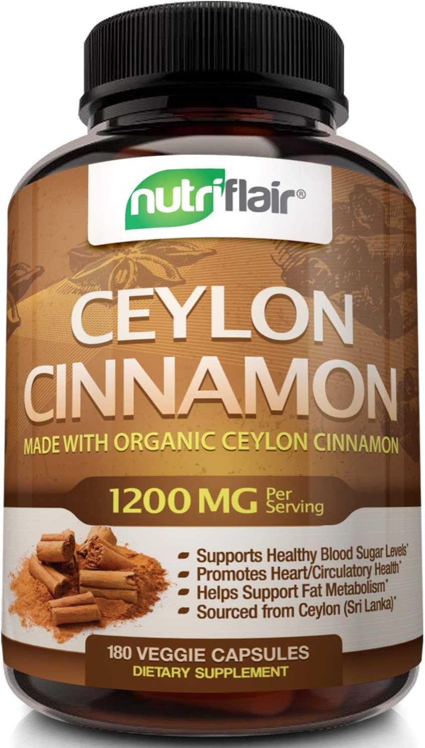 NutriFlair Ceylon Cinnamon (Made with Organic Ceylon Cinnamon) 1200mg per Serving, 180 Capsules - Healthy Blood Sugar Support, Joint Support, Anti-inflammatory & Antioxidant - True Sri Lanka Cinnamon: Health & Personal Care