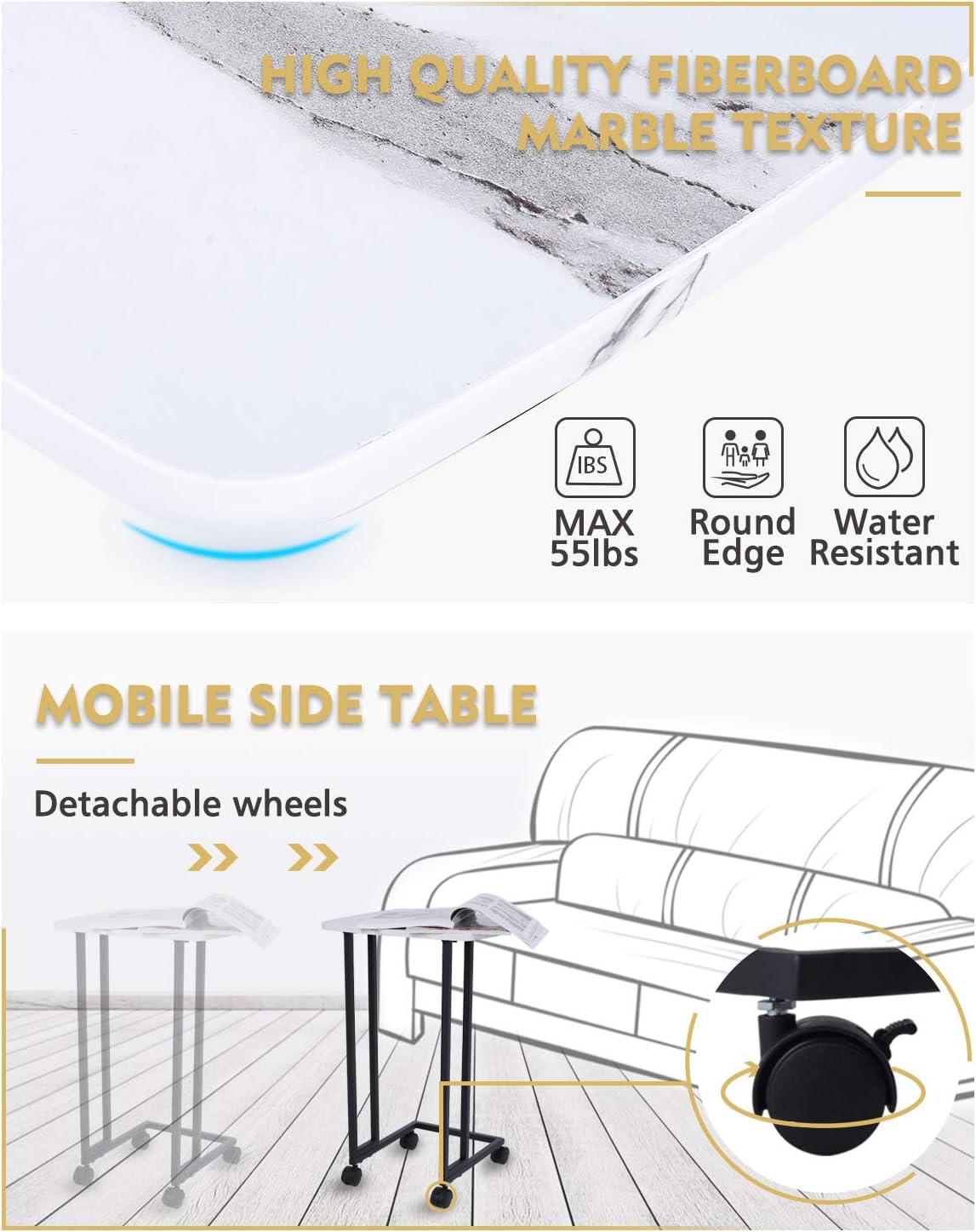 Moncot Side Table, Mobile Sofa End Table, Accent C Table,TV Tray with Detachable Wheels,Slides into Couch for Small Space,Living Room, Bedroom, MDF Table Top with White Marble Texture, ET220A-WH: Kitchen & Dining