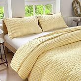 Yellow Gingham Twin Quilt Set, Soft Pre-washed Microfiber Yellow Plaid Twin Bedspread, Lightweight Checked Summer Quilt, Grid Bedding Coverlets for All Seasons (Includes 1 Quilt, 1 Pillow Sham)