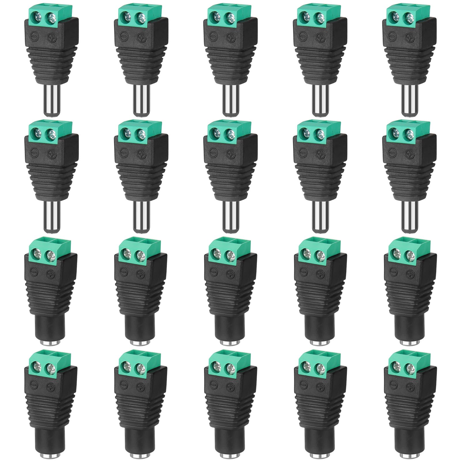 12V DC Adapter Plug 5.5mm x 2.1mm, 10 Pair (10 x Male + 10 x Female) DC Power Connector for LED Strip CCTV Security Camera Cable End Plugs (Male & Female)