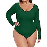 FOREYOND Plus Size Bodysuits for Women Long Sleeve V Neck Bodysuit Sexy One Piece Body Suit Tops