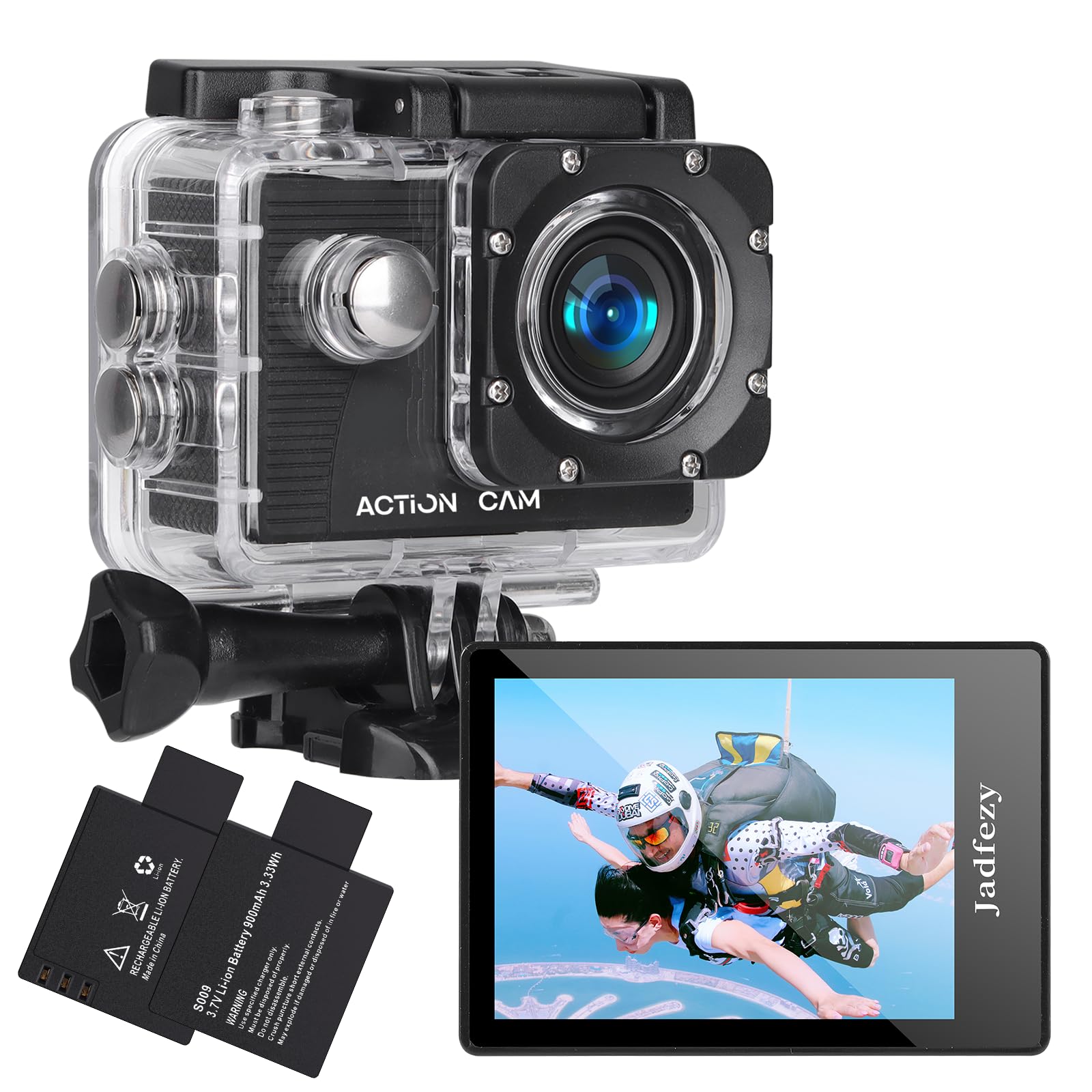 Photo 1 of Jadfezy Action Camera FHD 1080P 12MP, 98FT/30M Underwater Waterproof Camera with 2 Batteries, Wide Angle Sports Camera with Accessories Kit Suitable for Helmet, Bicycle, etc.