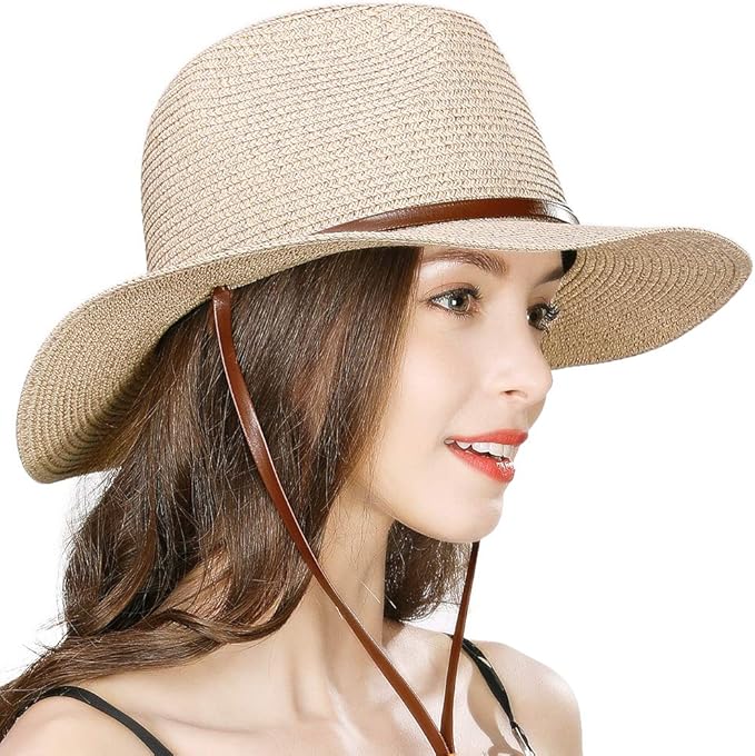 Straw Cowboy Cowgirl Hat Mens Womens Summer Beach Sun Hat Wide Brim Fedora Adjustable Packable w