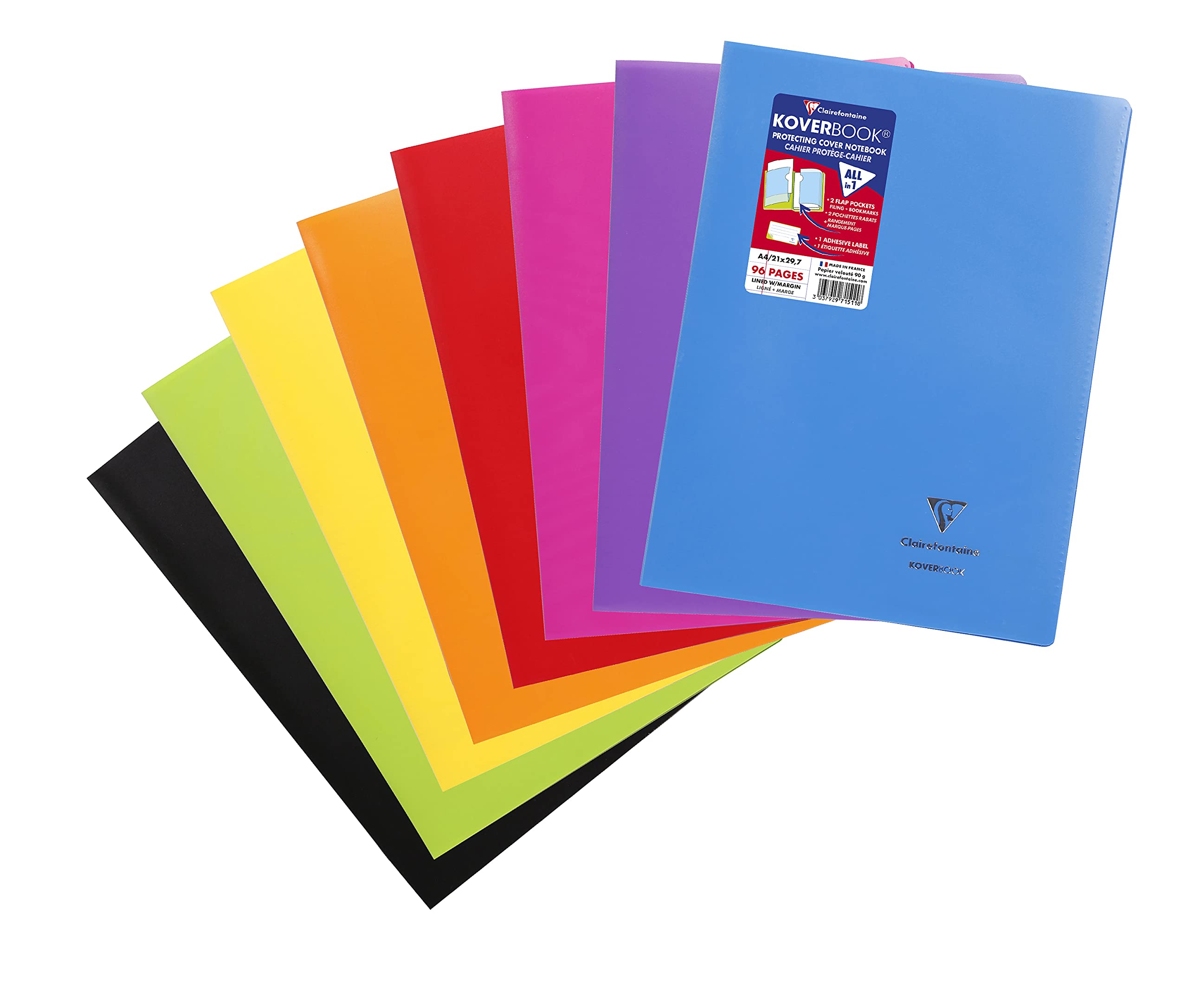 Clairefontaine 971511C - Koverbook Stapled Notebook - A4 21x29,7cm - 96 Lined Pages with Margin - White Paper 90g - Opaque Recycled Polypro Cover Random Colour