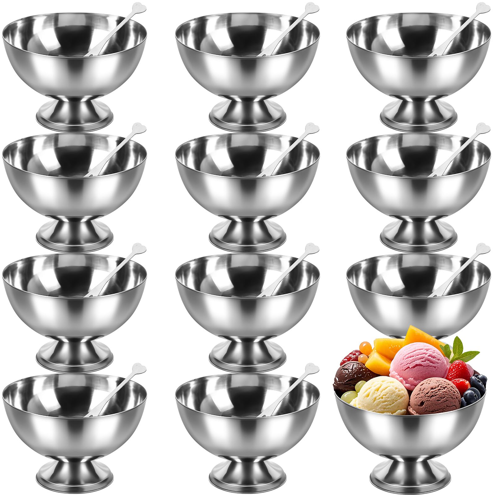 Photo 1 of Honeydak 12 Pcs Stainless Steel Ice Cream Bowl with Forks Serving Dessert Cup Sauce Bowls Dish Metal Dessert Glasses Salad Holder Round Footed Yogurt Snack Candy Cups for Fruit Pudding(4.2 Inch)