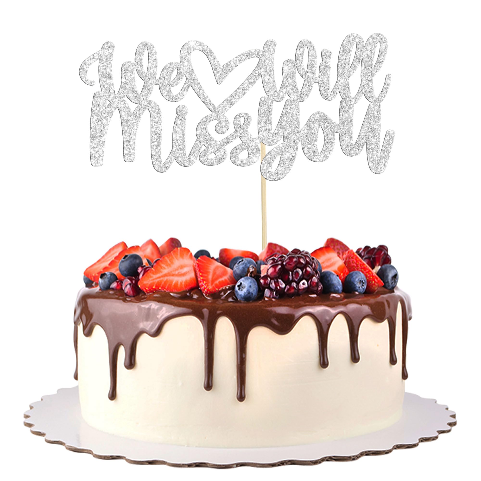 Gyufise 1Pcs Silver Glitter We Will Miss You Cake Topper for Job Change Farewell Retirement Graduation Party Cake Decorations