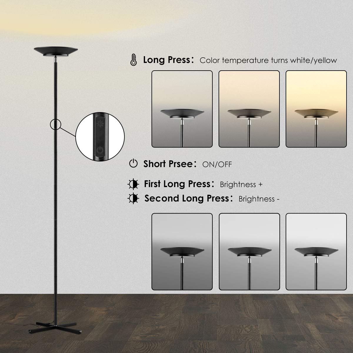 Floor Lamps, Joly Joy 30W LED Torchiere Super Bright Floor Lamp, Dimmable LED Floor Light with Remote Control and Touch Control, Standing Lamp with Stepless Dimmer for Living Room, Office and Bedroom