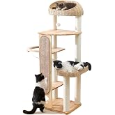 59-inch Cat Tree，Cat Tower with Scratching Post,Extra Long Sisal Blanket, Handwoven Basket &amp; Space Capsule Nest