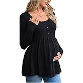 MakeMeChic Women's Maternity Shirts Crew Neck Long Sleeve Lace Trim Rib Knitted Pregnancy Tops