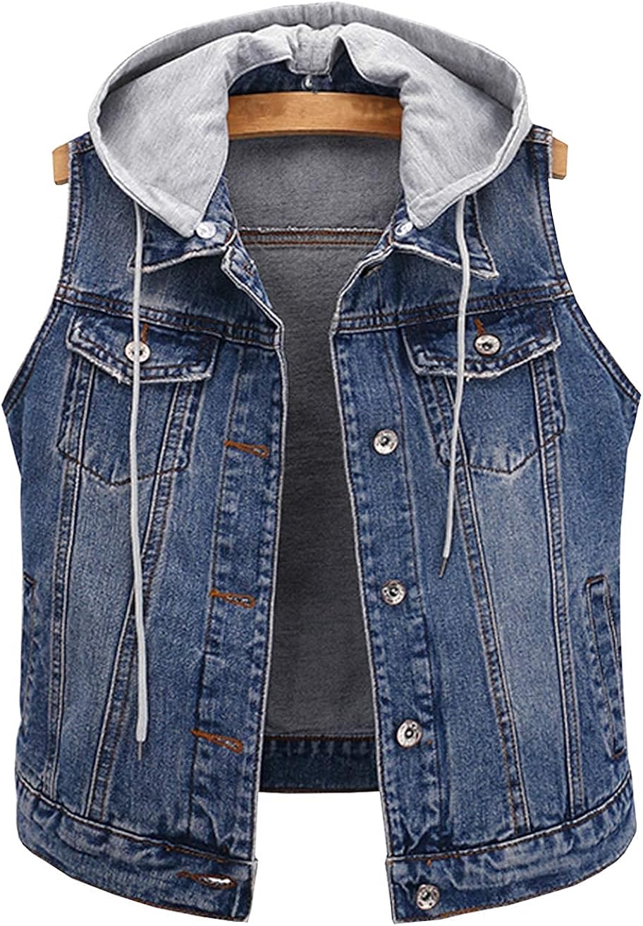 Women's Distressed Denim Vest Sleeveless Jean Coat Jacket with