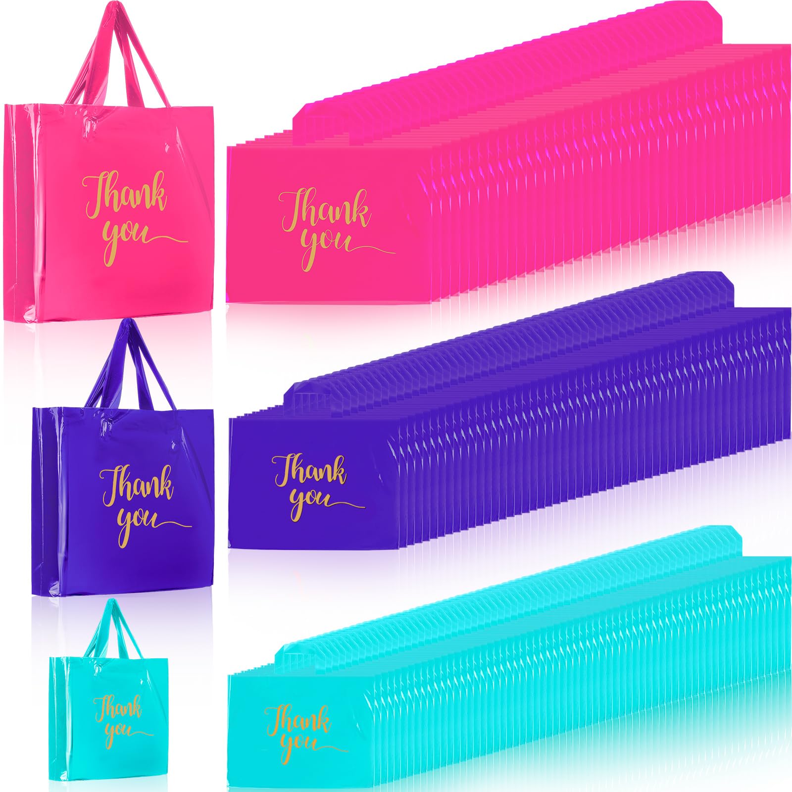 Photo 1 of Teling 200 Pcs Thanks Bags with Handle Bulk Thank You Merchandise Bags 3 Size Plastic Packet Retail Shopping Package for Boutique 9 x 12'', 12 x 15'', 15 x 18''(Pink, Purple, Blue)