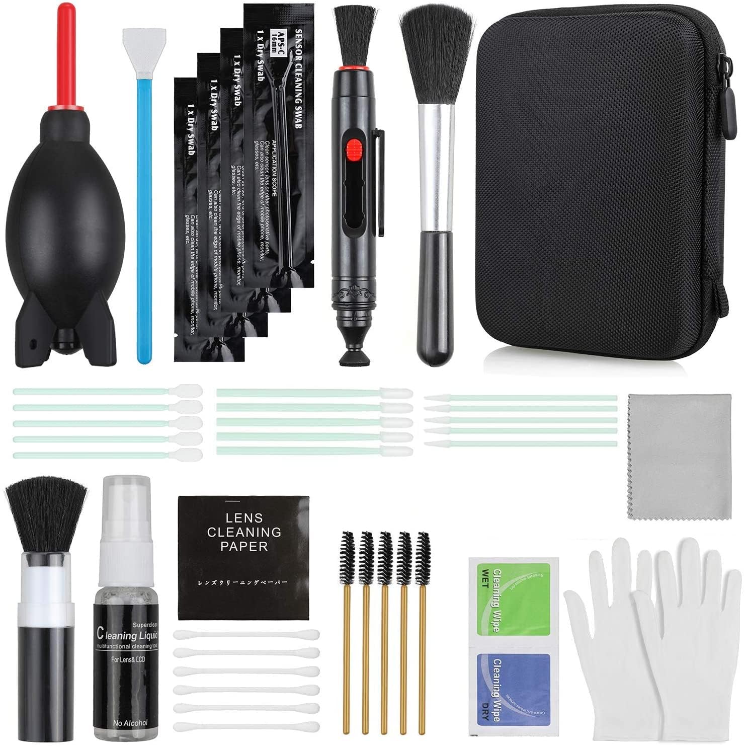 17-in-1 Camera Cleaning Kit for DSLR Cameras, with Air Blower, Cleaning Pen, Detergent, Cleaning Cloth, Lens Brush, Carry Case