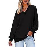 Dokotoo Women's V Neck Long Sleeve Waffle Knit Tops Off Shoulder Oversized Pullover Sweater