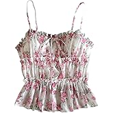 MakeMeChic Women's Mesh Floral Camisole Spaghetti Strap Tie Front Ruffle Y2k Tank Tops