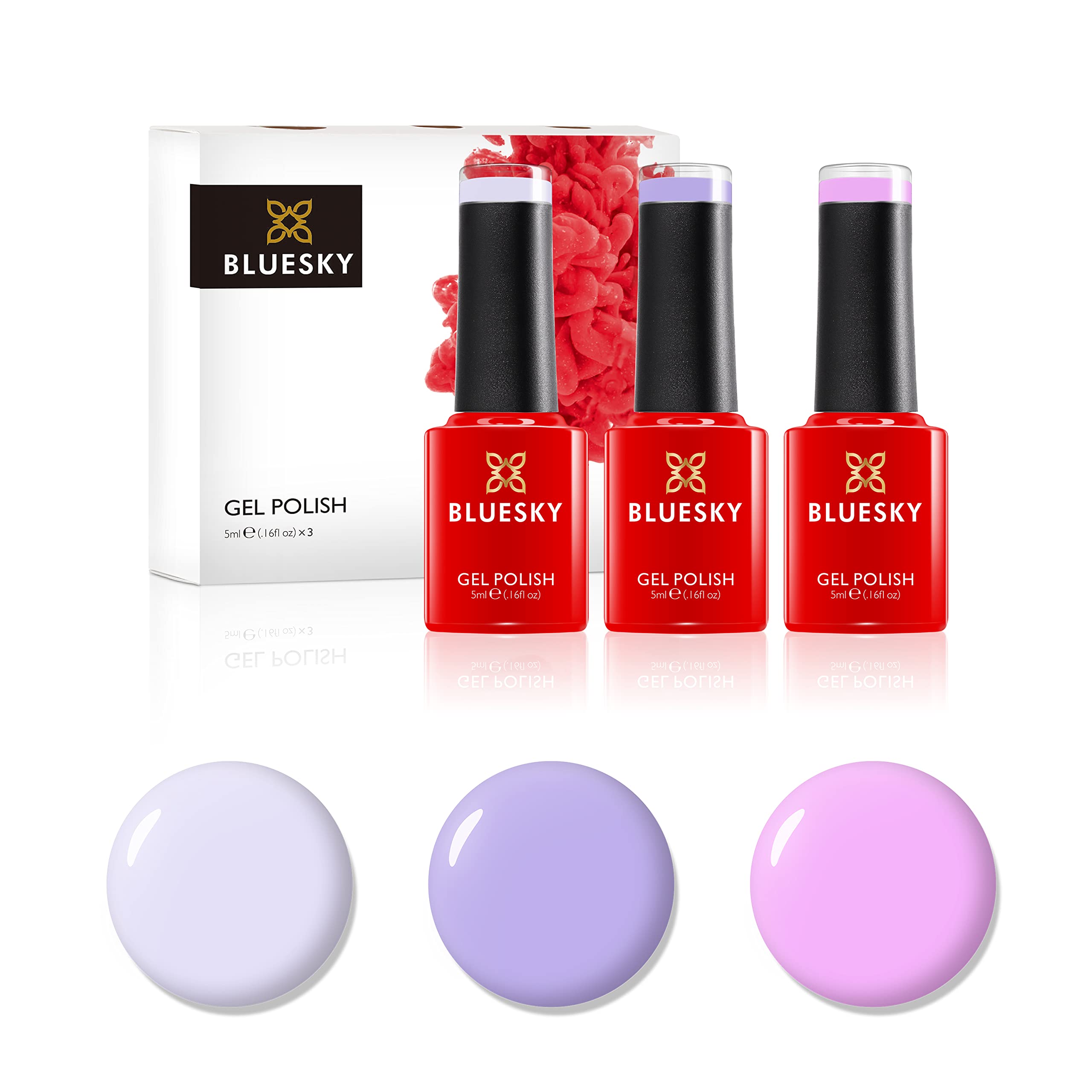 Bluesky Gel Nail Polish Set, Pretty Pastels, Lavender Dream Dc101, Cherry Bomb Pn04, Soft Fabric 7324, 3 x 5 ml, Pink, Purple, Cream, White, Nude (Requires Curing Under UV or LED Lamp) — image 1