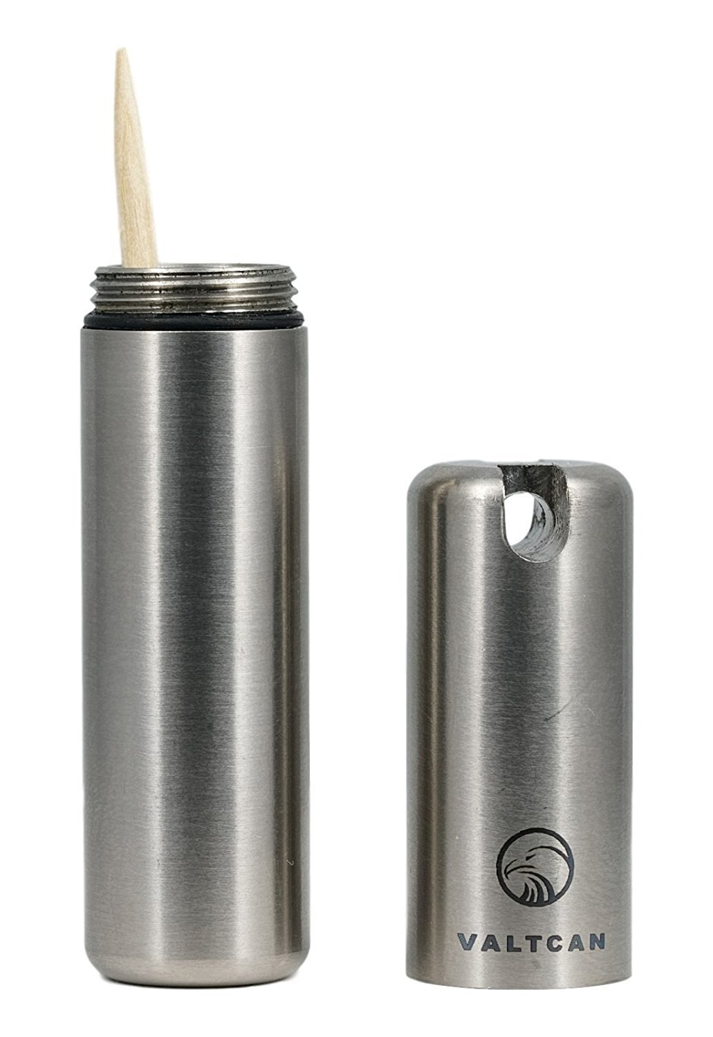 Valtcan Pure Titanium Polished Finish Toothpick Holder - For Single Sided Toothpicks - Pill Canister with Waterproof Airtight Seal Carry Everyday with Keyring hole