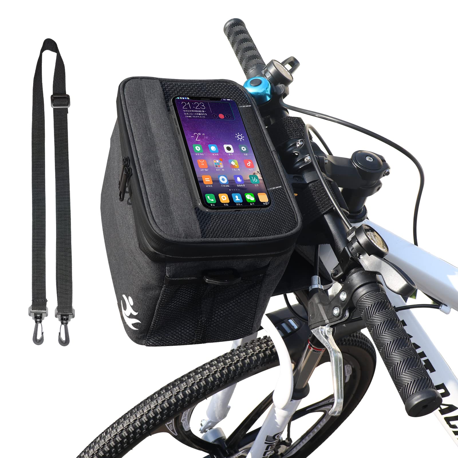 MKYRLX Handlebar Bag, Waterproof Cycling Front Bag with Touch Screen, Large Capacity Front Handlebar Bag with Shoulder Strap, for MTB, Road Bike,9.25 * 6.49 * 6.1 in