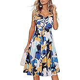 Drimmaks Women's Summer Casual Dress Florals Buttons Down Ruched Sweetheart Neck Sleeveless Midi Sundress