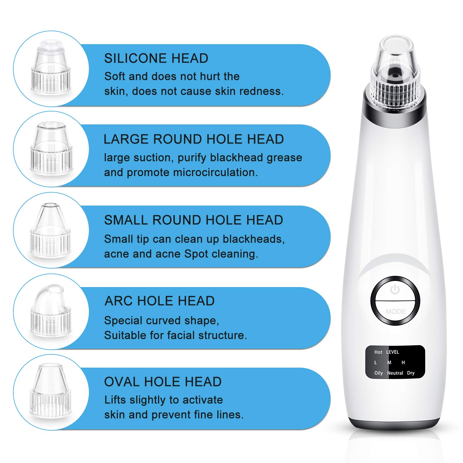 Blackhead Remover Pore Vacuum - JEXCULL Electric Blackhead Removal Tool Acne Extractor Facial Cleaner Suction Tools Kit for Women Men USB Rechargeable LED Display with 5 Suction Probes(Silvery white): Beauty