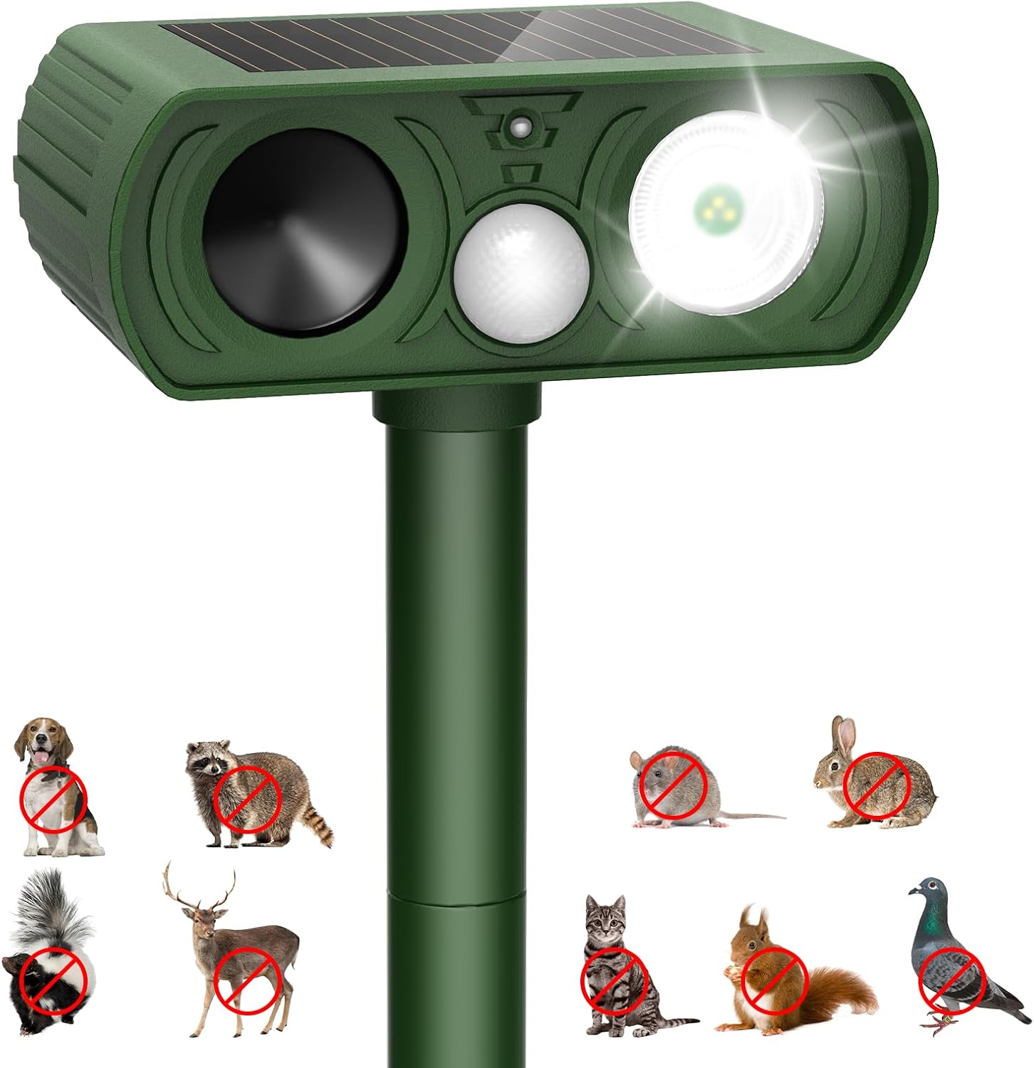 Upgraded Solar Ultrasonic Animal Repellent Outdoor, Deer Repellent Devices Squirrel Cat Raccoon Rabbit Dog Deterrent, Keep Skunk Away Motion Detection with Flash Light for Yard Garden Lawn 1PACKGreen