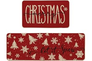 Artoid Mode Xmas Trees Snowflake Let It Snow Christmas Kitchen Mats Set of 2, Winter Decor Low-Profile Kitchen Rugs for Floor - 17x29 and 17x47 Inch
