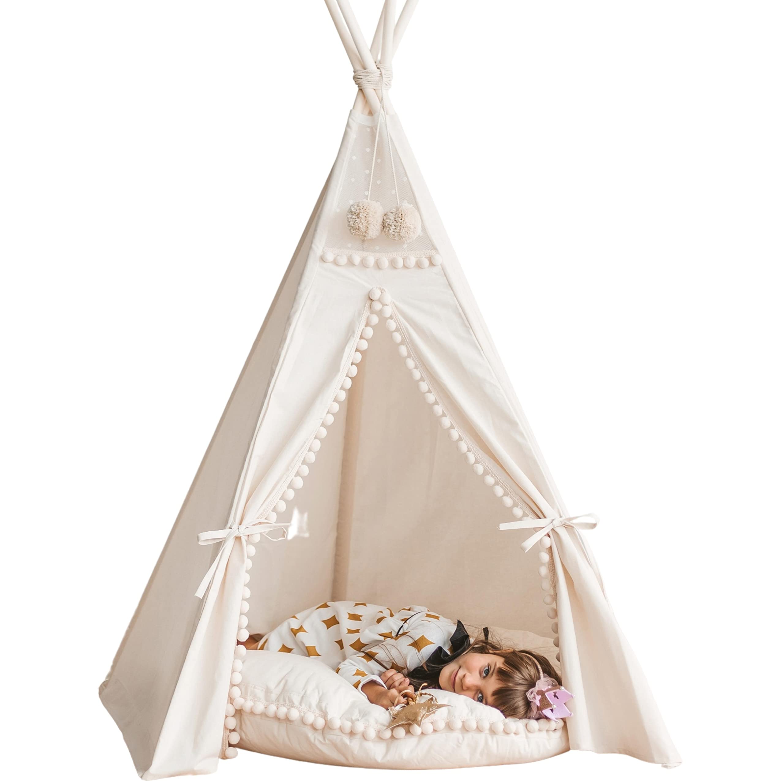 MINICAMP Original Teepee Tent for Kids, Handmade Natural Canvas & Wooden Playhouse for Children & Toddlers, Indoor Sleepover Play Tent for Girls & Boys, Extra-Stable Child Tipi with Pom-Poms
