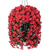 HyeFlora Artificial Fake Red Hanging Flowers Plants Baskets for Outdoor Winter Christmas, Faux Silk UV Resistant Look Real Morning Glory Vines for Outside Porch Patio Balcony Garden Yard Home Decor