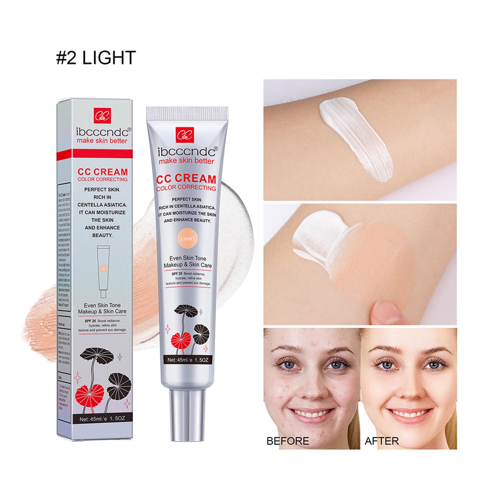 New Irven Color Correcting CC Cream,Hydrating CC Cream Foundation with Centella Asiatica Multi-Purpose Pre-makeup Primer Moisturizing Facial Concealer Sunscreen Full-Coverage CC Cream with SPF 25 (02)