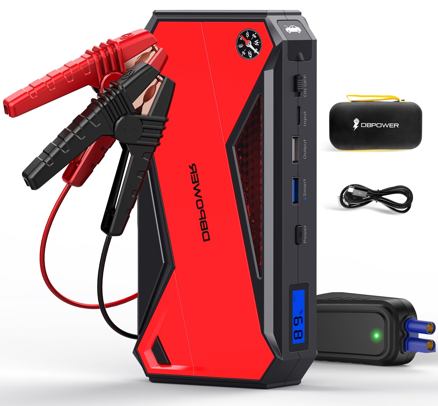 DBPOWER 1600A Peak 63.64Wh Portable Car Jump Starter (up to 7.2L Gas/5.5L Diesel Engine) Battery Booster with Smart Charging Port, LCD Display, Compass, LED Light and Intelligent Jumper Clamps