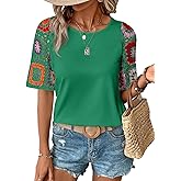 SHEWIN Womens Crochet Floral Print Tops Casual Short Sleeve T Shirts Crewneck Boho Beach Vacation Clothes