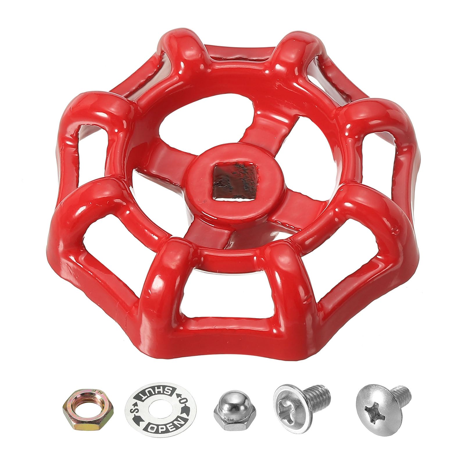 PATIKIL Outside Faucet Handle Square Stem Hole 6x6mm, Cast Steel Faucet Round Wheel Handle Replacement Water Spigot Handle with Screws Spacer, Red