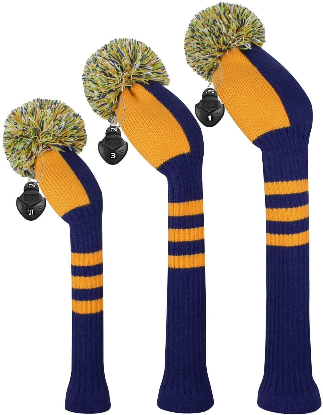 Scott Edward Knitted Golf Club Head Covers for Woods 3Pcs Set Golf Driver (460CC) Fairways and Hybrid/UT with Rotating Number Tags(Orange Stripes)
