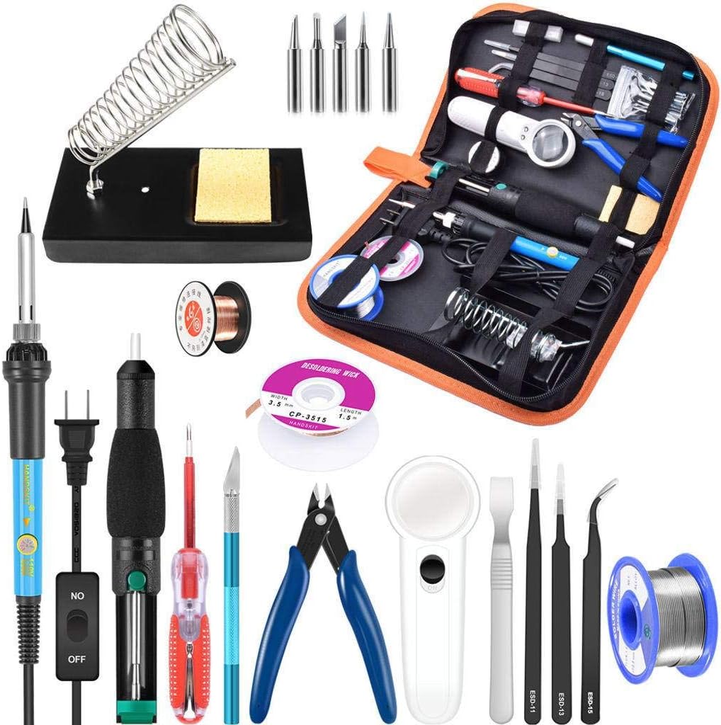 Soldering Iron Kit Electronics, With ON/OFF Switch 60W Adjustable Temperature Welding Tool, 5pcs Soldering Tips, Desoldering Pump, Soldering Iron Stand, Tweezers-A-220V