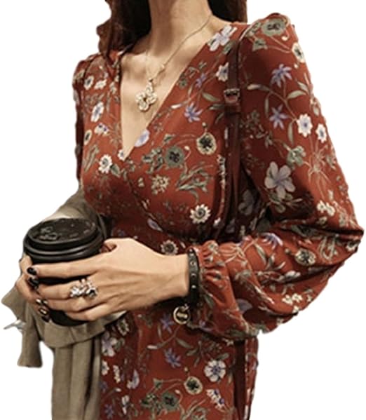 Amazon 花柄ロングワンピースドレス 春シフォンワンピースドレス 長袖ワンピースドレス ボタニカル柄ワンピースドレス ヴィンテージ花柄ドレスom90 Xl ワンピース チュニック 通販