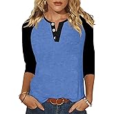 Halife Women's Casual 3/4 Sleeve T Shirts Button V Neck Tunic Blouses Color Block Basic Tee Tops Loose Fit Summer Shirt