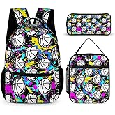 Basketball Backpack with Lunch Box & Pencil Case, 16 Inch Cool Basketball Themed Bookbag, Adjustable Durable Lightweight Large Capacity, Colorful Basketball Backpack Set for Kids Girls Boys School