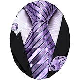 Barry.Wang Tie Sets for Men Silk Stripe Necktie Woven Checkered Handkerchief Cufflinks Formal Business Wedding