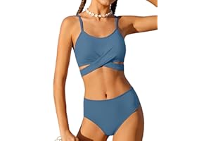 AGERWAY Girls Swimsuit Bathing Suits Criss Cross Bikini Set Two Piece Girls' Swimwear Solid Color Bathing Suit 7-16T