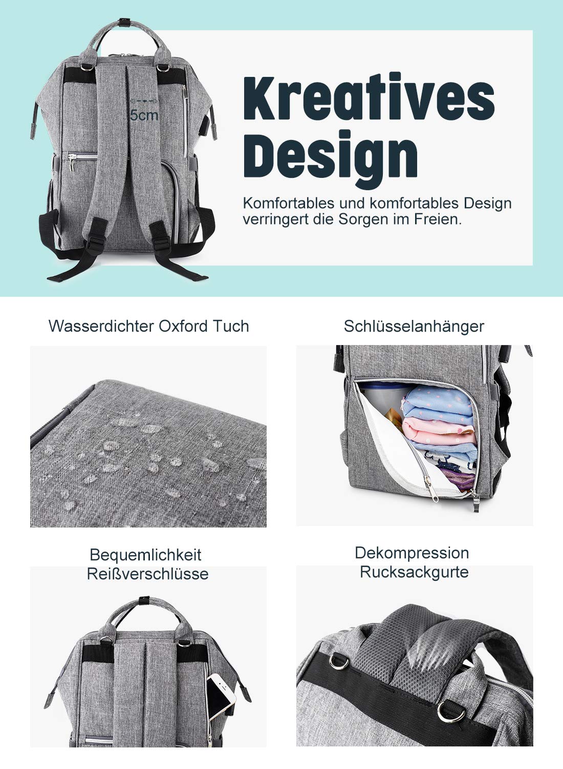 Baby Wickelrucksack Wickeltasche Multifunktional mit USB-Lade Port Oxford Wasserdichte Große Kapazität Babytasche für Reise,Grau