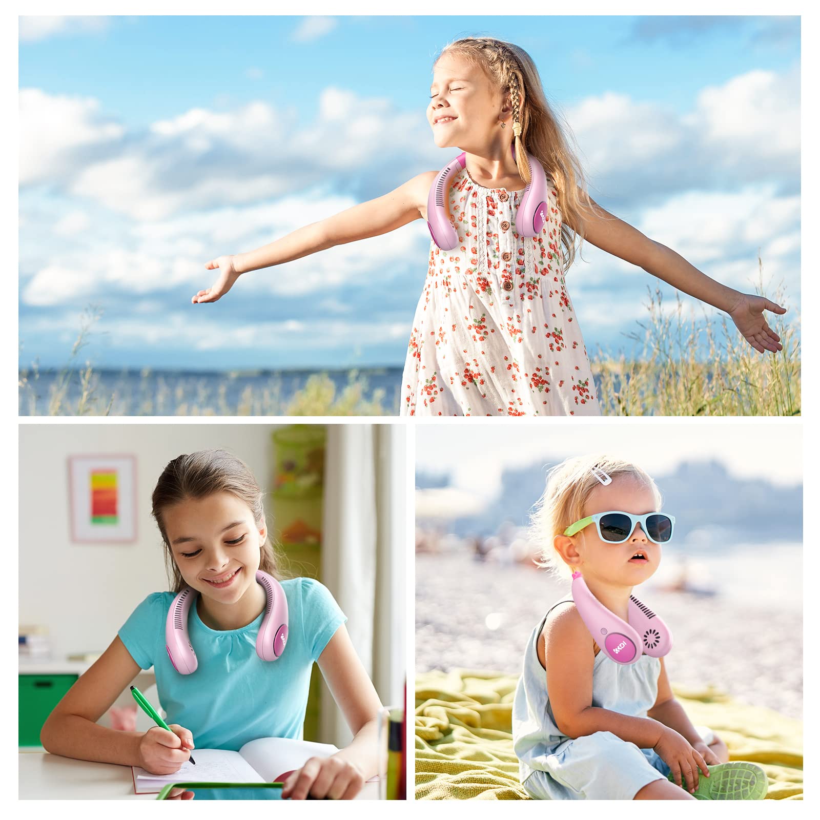 Kids Neck Fan, Portable Bladeless Fans for Kid 4-14Y Girls & Boys, 2600mAh USB Personal Mini Cooling Fan for Travel/Camping/Study, 4 Speeds, Lightweight, Compact, Perfect Summer Gifts for Kids