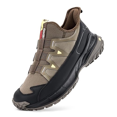FitVille Men's Extra Wide Walking Trainers Comfortable Slip On Hiking Shoes with Arch Support, Low-Rise Trekking and Hiking Footwear for Outdoor Trekking Camping Climbing Brown Black
