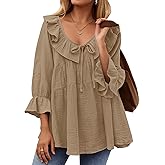 ZESICA Womens Scoop Neck 3/4 Length Sleeve Tops 2026 Casual Tie Front Ruffle Tiered Loose Tunic Shirts Blouses Fall Outfits