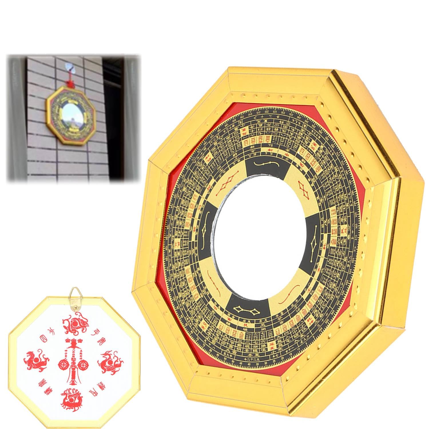 Tissting Golden Gossip Mirror Compass Feng Shui Mirror Supplies Bagua Convex Concave Mirror Ornament Lucky Decoration for Home Office Family(Convex)