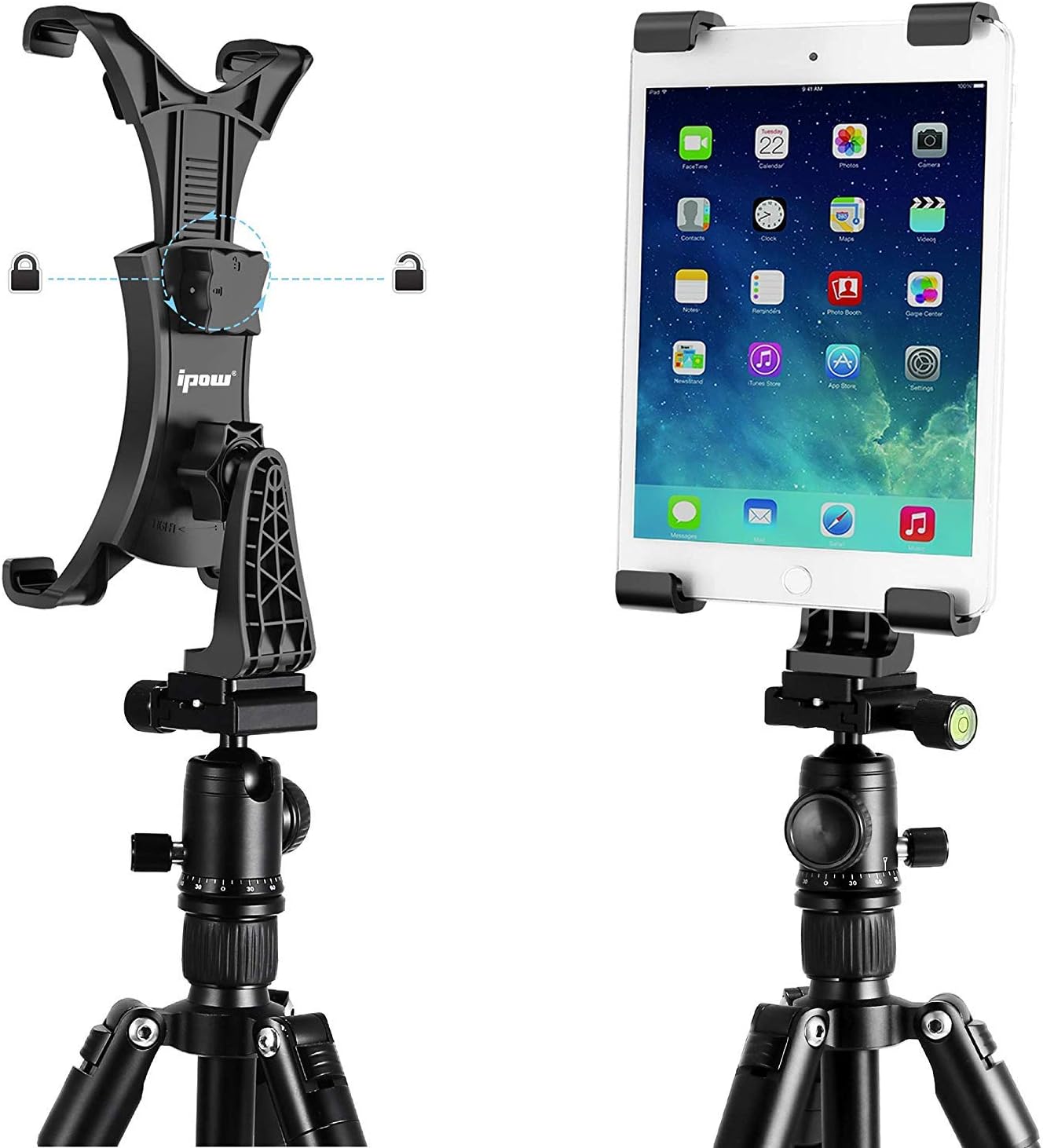 IPOW 360 Degree Rotatable Break-Resistant iPad Tripod Mount Adapter, Universal Tablet Clamp Holder Fits Ipad, Ipad Air, Pro, Mini, Microsoft Surface, Nexus, for Tripod Monopod, Selfie Stick,Tabletop