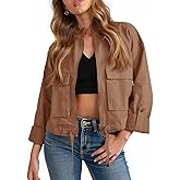 Tankaneo Women Casual Cropped Jackets Zip Up Lightweight Military Safari Short Utility Coat with Pockets
