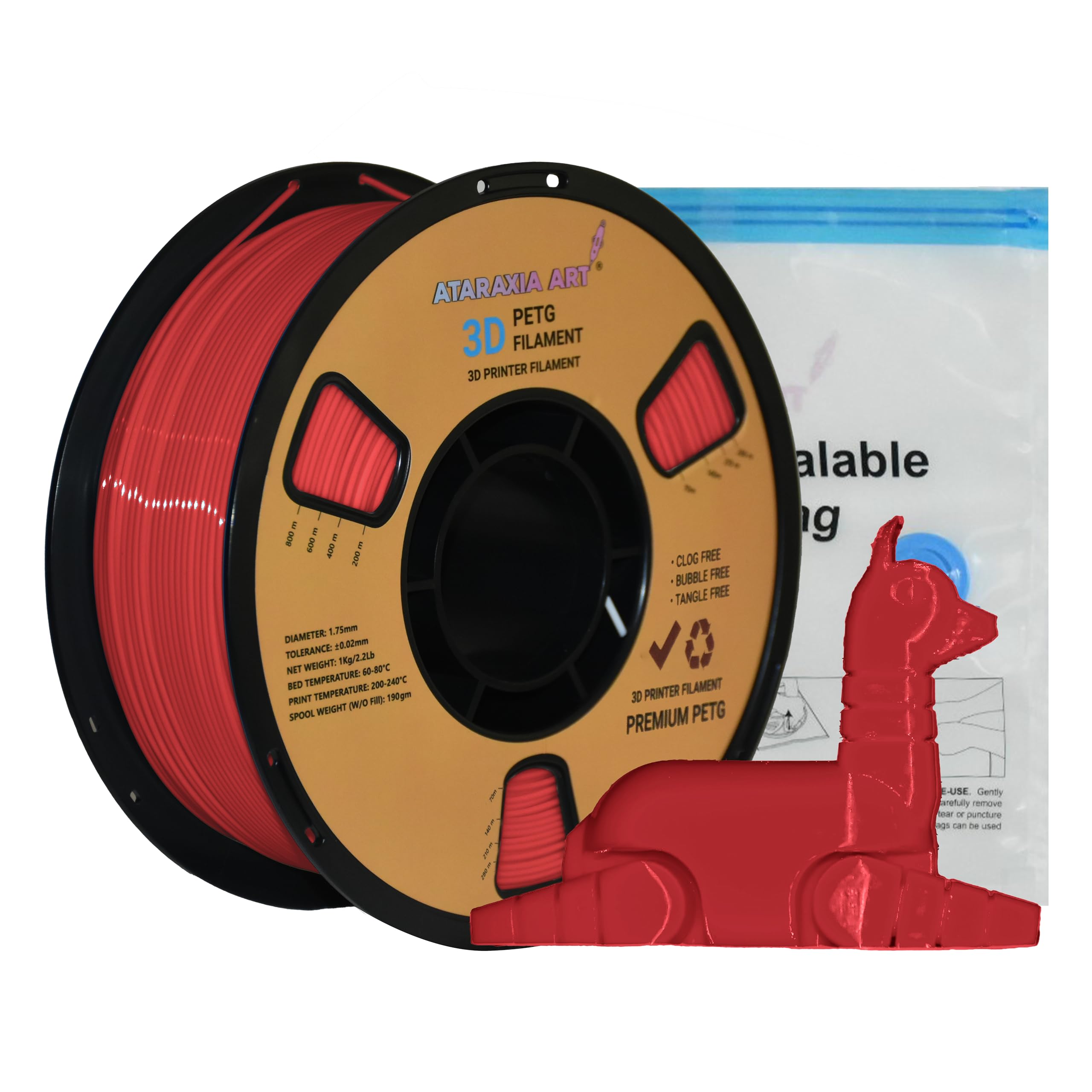 Ataraxia Art PETG 3D Printer Filament 1.75mm V2 with Resealable Vacuum Bag. Dimensional Accuracy +/- 0.02 mm, 1 Kg (2.2 lb) Spool. Improved Formula for Strength and Layer bonding. (Red)